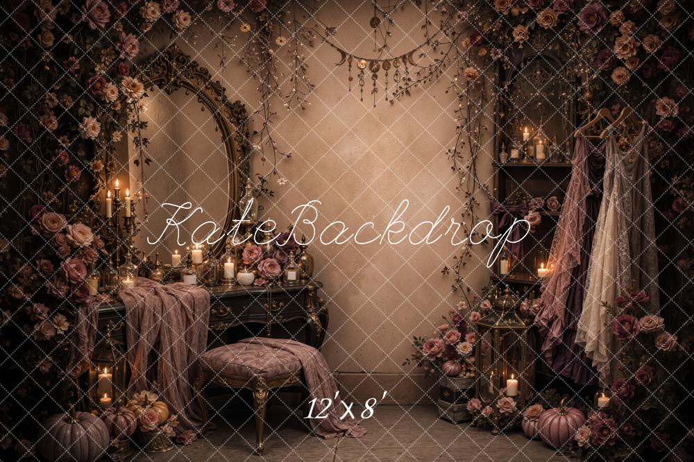 Kate Halloween Gothic Witches Dressing Room Mirror Floral Pumpkins Printed Backdrop Designed by Jordan Moon
