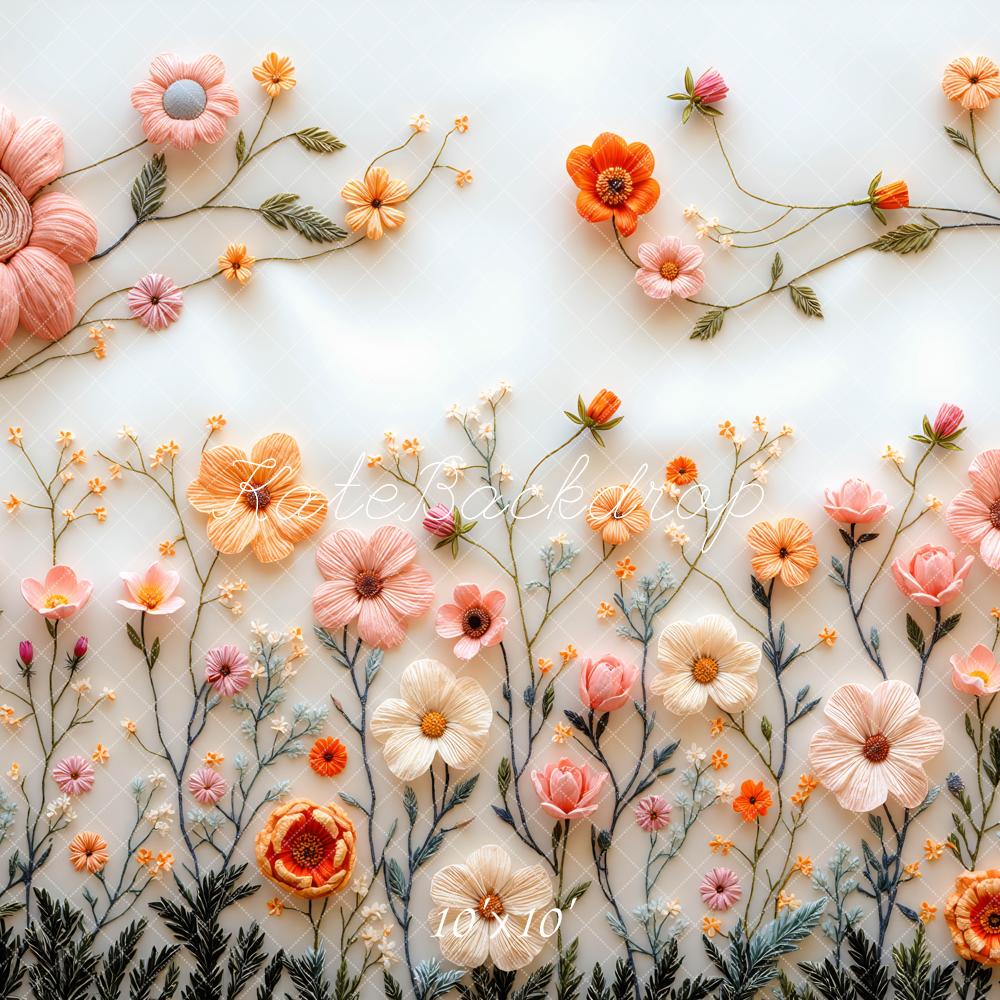 Kate Spring Pastel Embroidered Flower White Backdrop Designed by Mini MakeBelieve