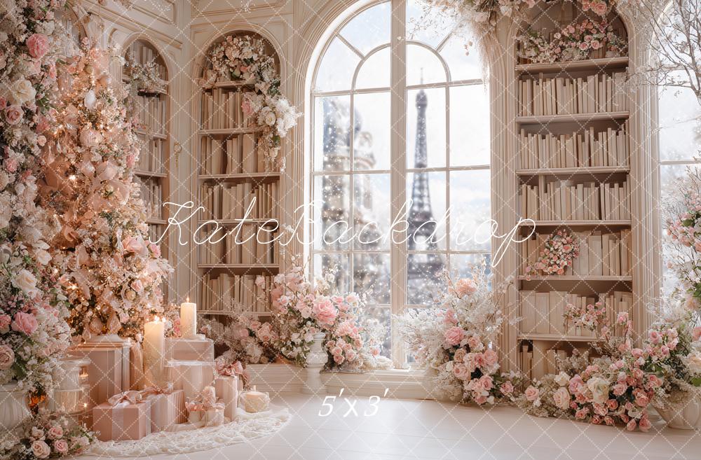 Kate Christmas Pink Floral Bookshelves Window Eiffel Tower Backdrop Designed by Ashley Paul