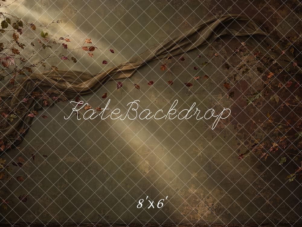 Kate Fall Branches Draped Fabric Light Rays Olive Green Printed Backdrop Designed by Shutter Swan Studios