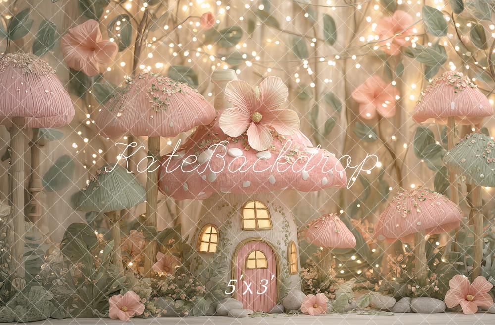 Kate Fairy Fantasy Pink Mushroom House Printed Backdrop Designed by Ashley Paul