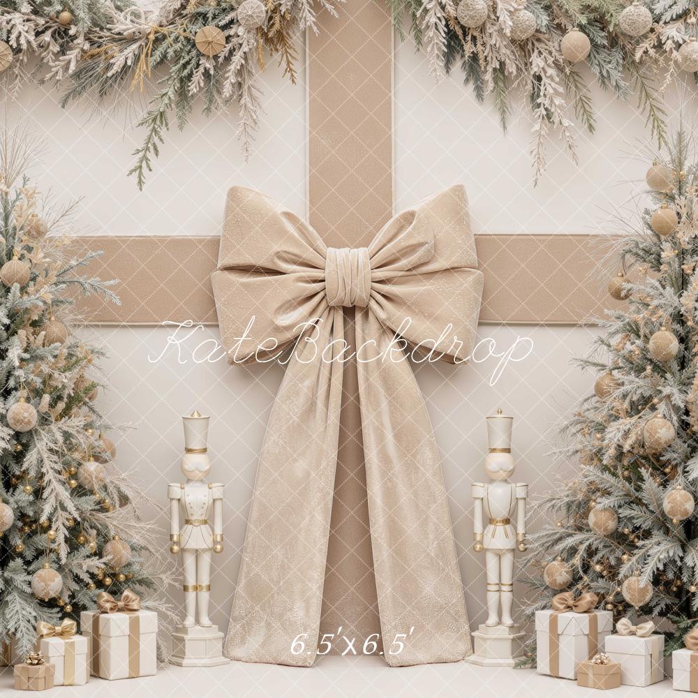Kate Christmas Beige Bow Nutcracker Trees Printed Backdrop Designed by Mini MakeBelieve