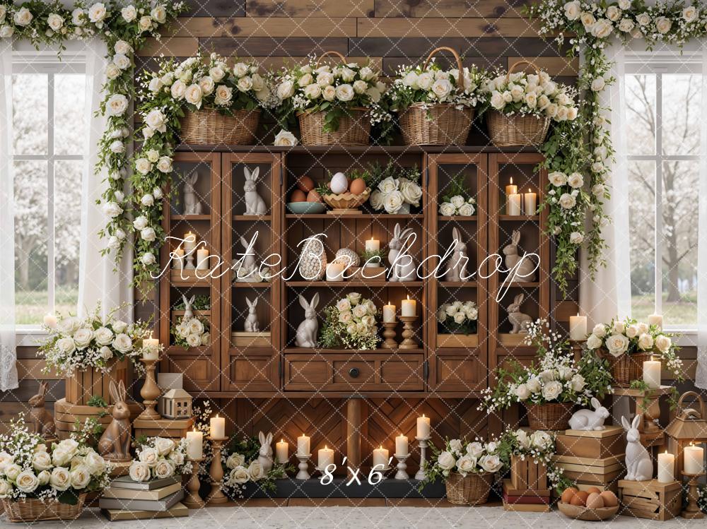 Kate Easter Bunny Wooden Cabinet Flowers Candles Backdrop Designed by Mini MakeBelieve