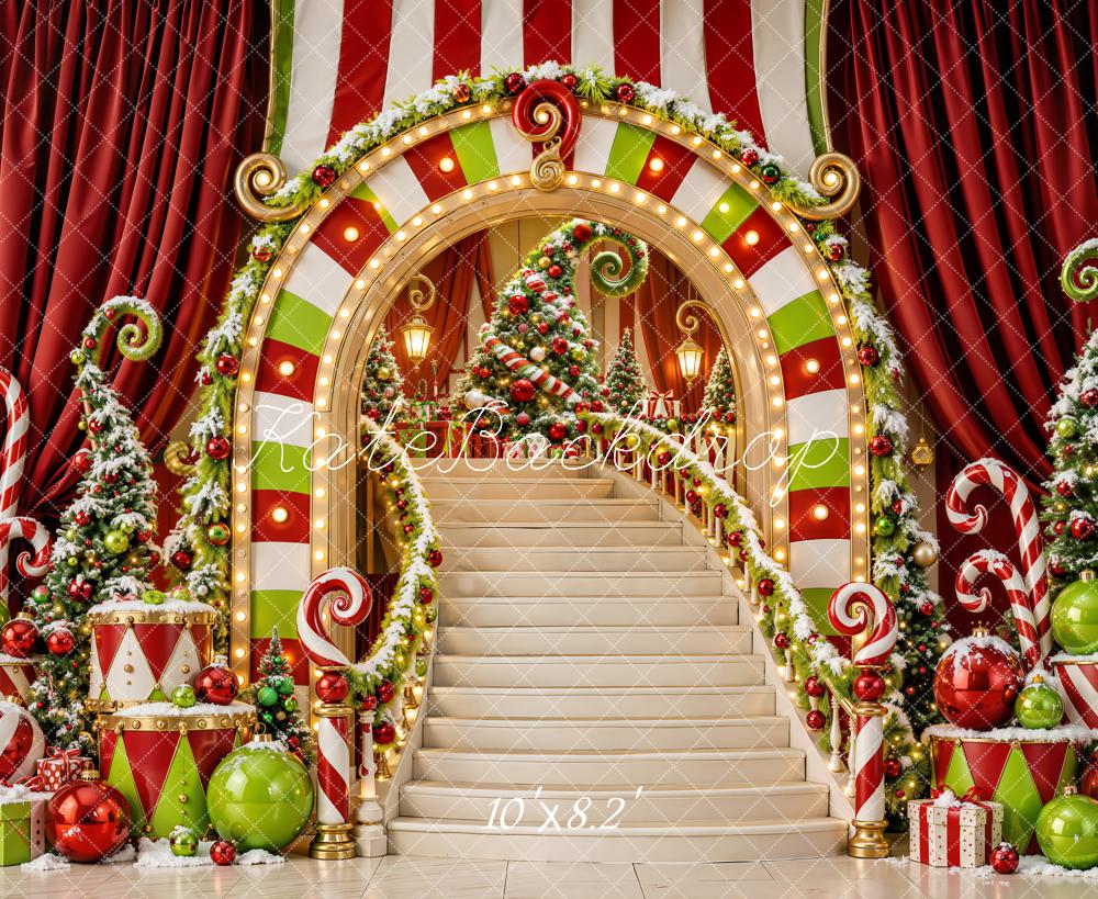 Kate Christmas Candy Cane Staircase Illuminated Arch Printed Backdrop Designed by Emetselch