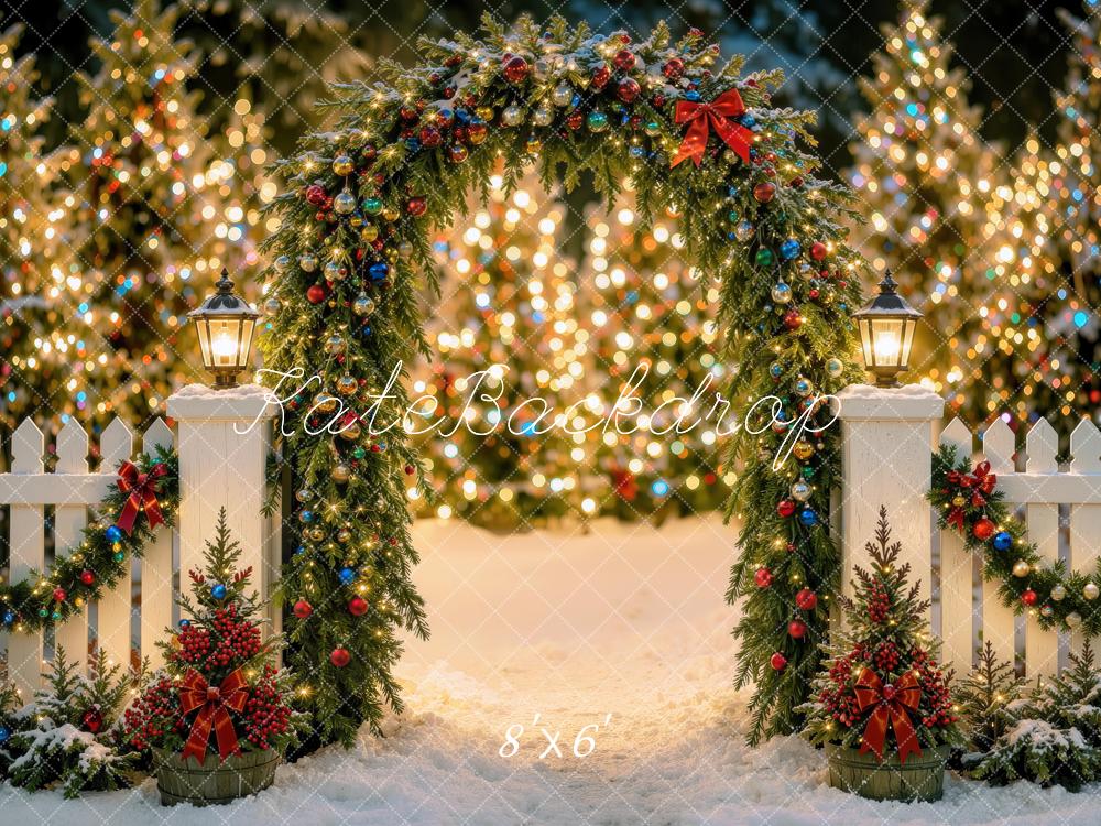 Kate Christmas Night Garland Arch Fence Glow Trees Printed Backdrop Designed by Mini MakeBelieve