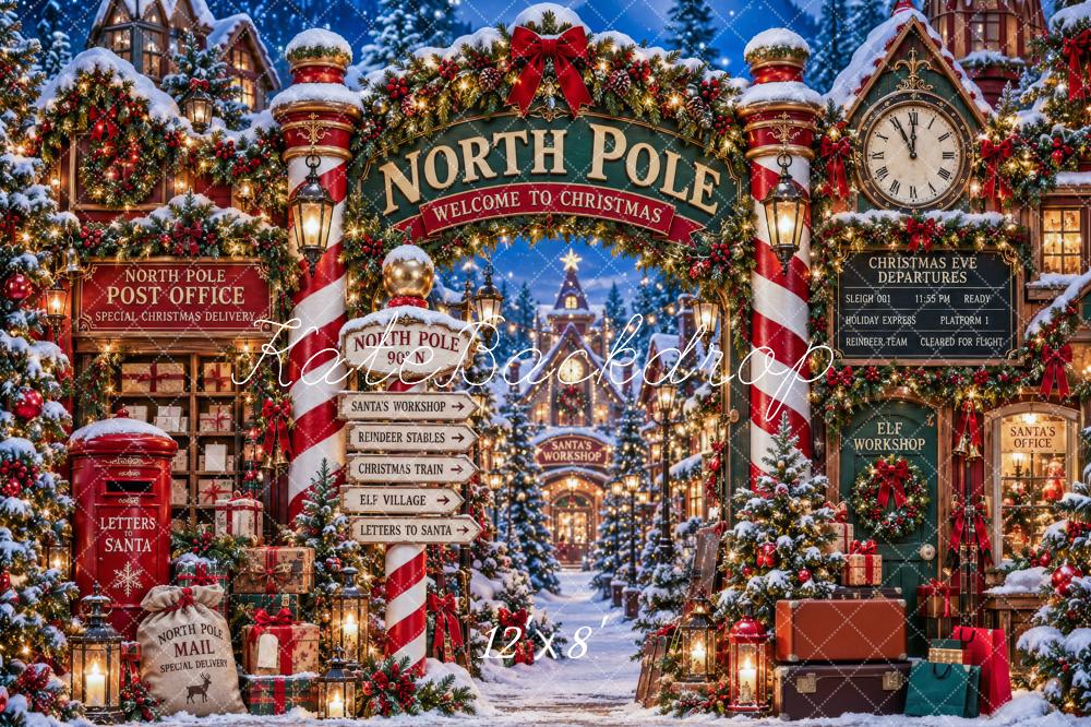 Kate Christmas North Pole Entrance Archway Snowy Workshop Printed Backdrop Designed by Patty Roberts