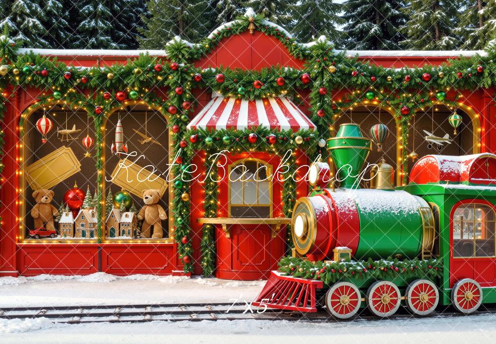 Kate Christmas Polar Train Toy Shop Red Garland Snow Printed Backdrop Designed by Mini MakeBelieve