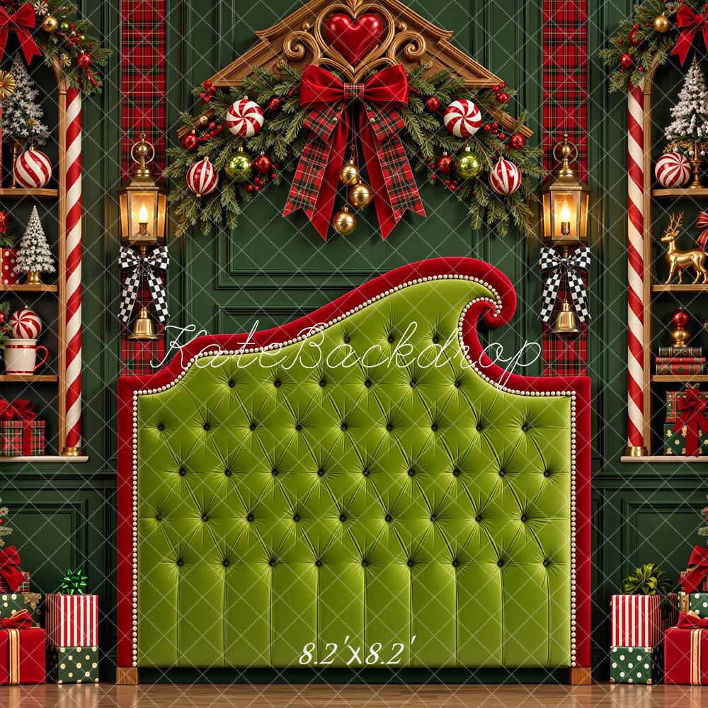 Kate Christmas Green Headboard Trees Candy Cane Plaid Printed Backdrop Designed by Shutter Swan Studios
