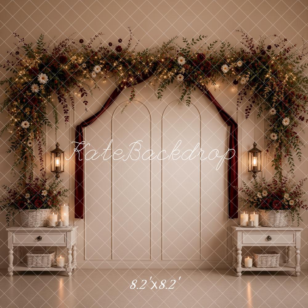 Kate Valentine's Day Headboard Flower Arch Brambles Lanterns Burgundy Cream Printed Backdrop Designed by Ashley Ward