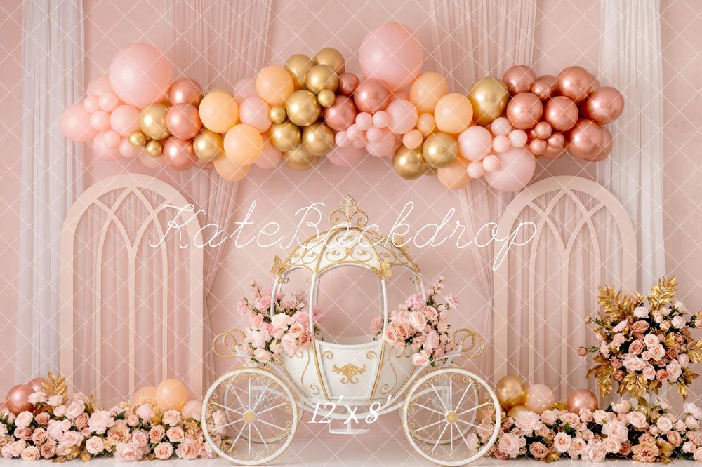 Kate Fairy Fantasy Carriage Pink Gold Balloons Floral Arch Printed Backdrop Designed by Patty Roberts