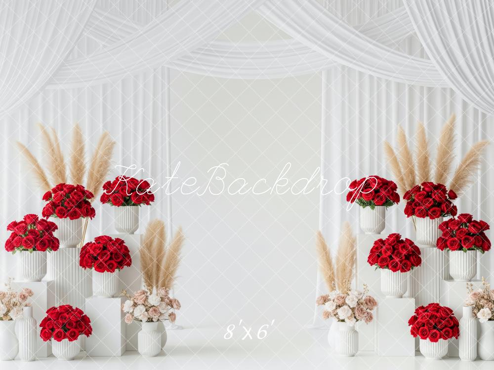 Kate Mother's Day Red Roses Pampas Grass White Pedestals Backdrop Designed by Patty Roberts
