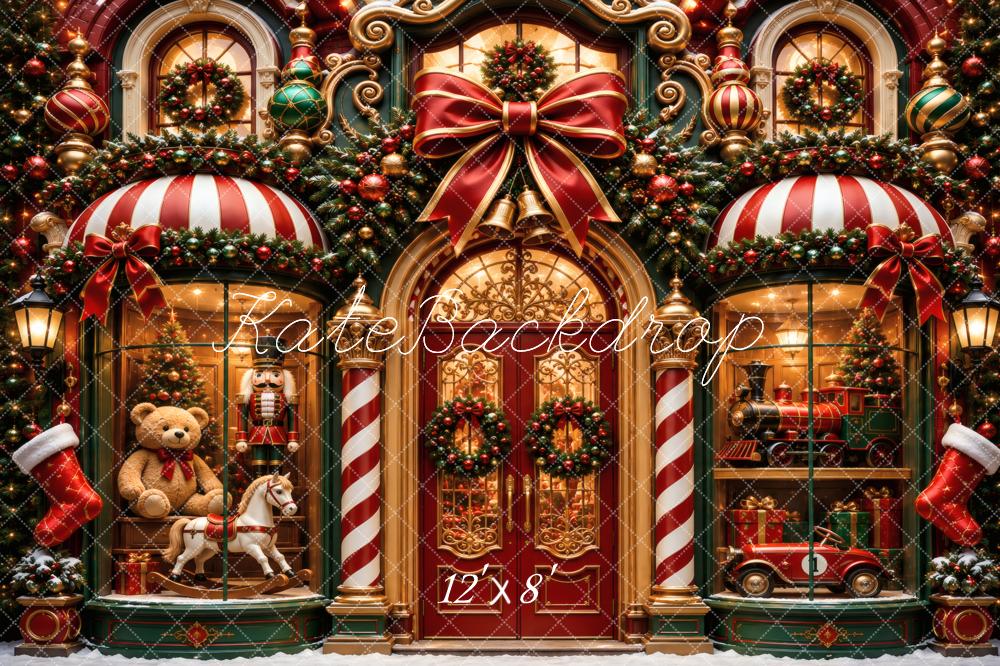 Kate Christmas Toy Store Front Teddy Bear Nutcracker Train Printed Backdrop Designed by Vertigo Productions
