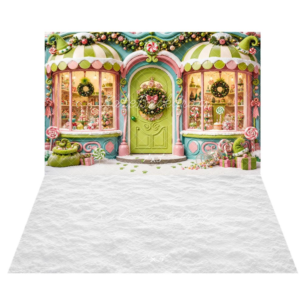 Kate Christmas Whimsical Green Candy Shop Storefront Printed Backdrop+White Snow Floor Printed Backdrop