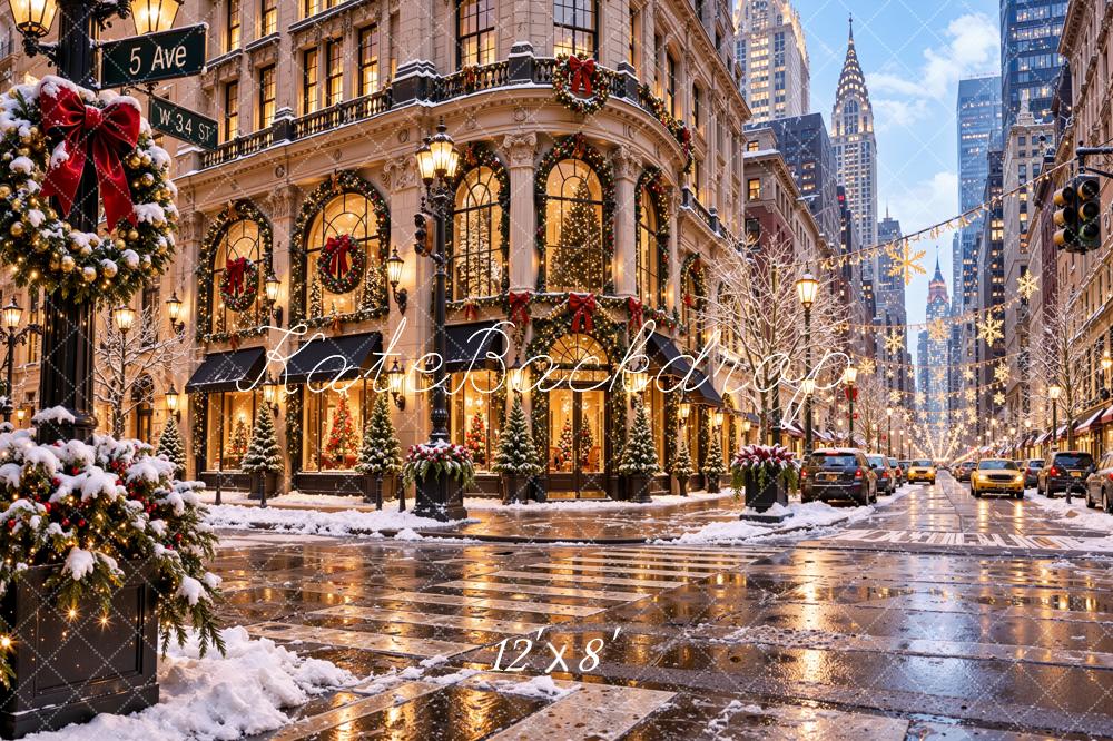 Kate Christmas New York City Street Snowy Cityscape Crosswalk Printed Backdrop Designed by Jordan Moon