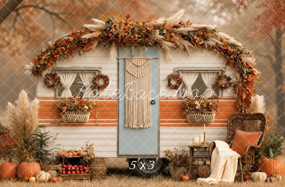 Kate Fall Boho Camper Macrame Pumpkins Pampas Grass Printed Backdrop Designed by Emetselch