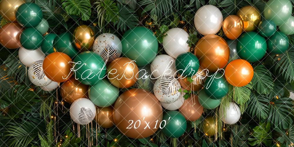 Kate Birthday Green Gold Balloon Garland Jungle Leaves Printed Backdrop Designed by Emetselch