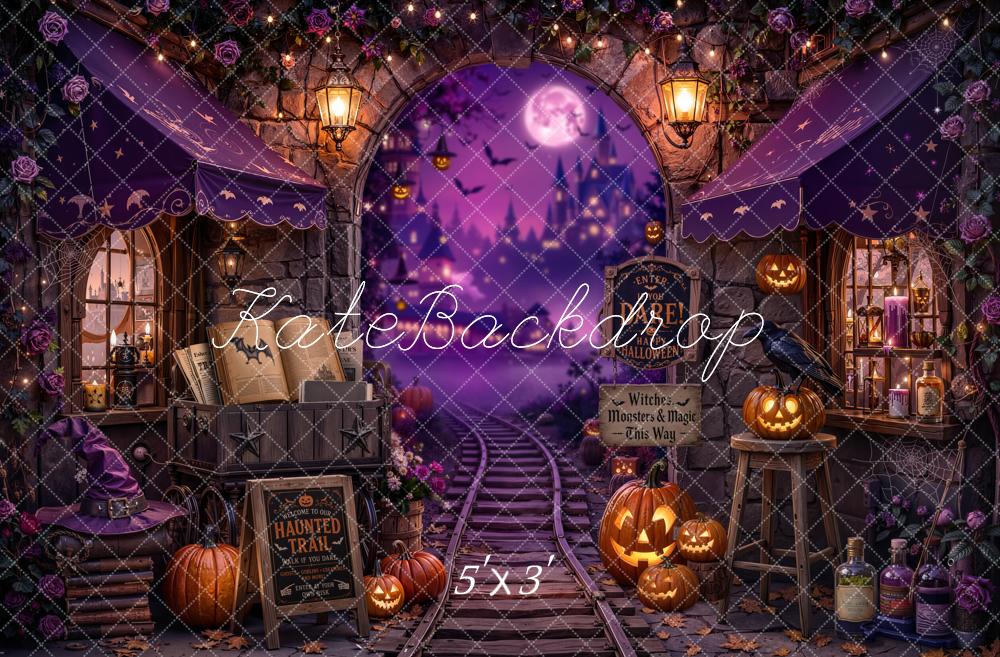 Kate Halloween Purple Haunted Train Station Witch Printed Backdrop Designed by Chain Photography