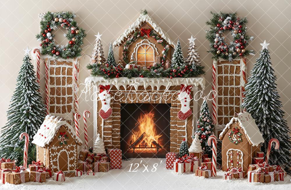 Kate Christmas Gingerbread House Fireplace Snowy Trees Wreaths Backdrop Designed by Emetselch