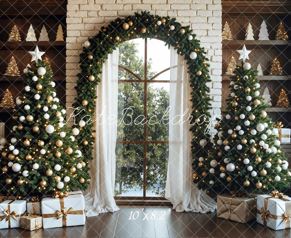 Kate Christmas Trees Garland Window Presents White Brick Backdrop Designed by Mini MakeBelieve