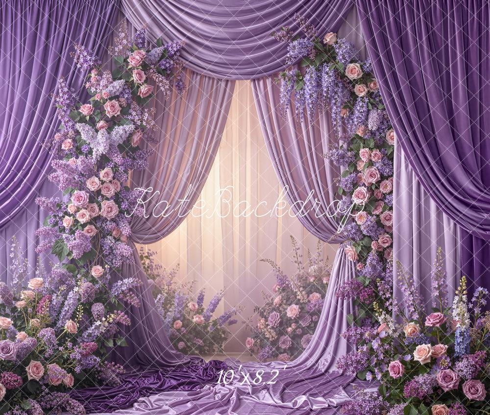 Kate Spring Purple Drapes Flower Arch Printed Backdrop Designed by Emetselch
