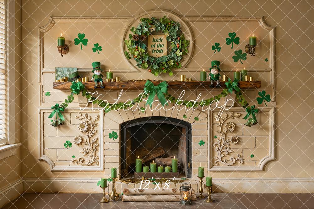 Kate St. Patrick's Day Fireplace Shamrock Green Wreath Printed Backdrop Designed by Emetselch