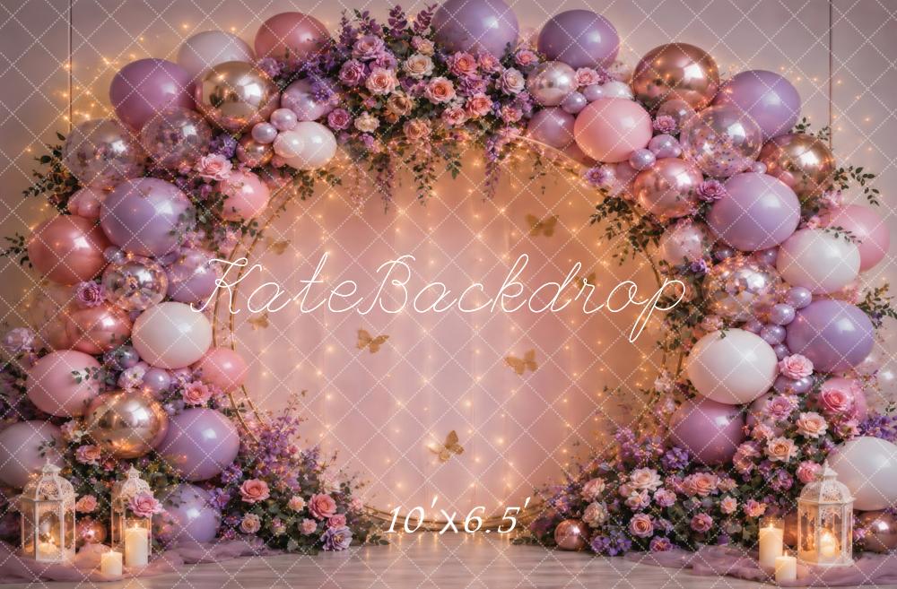 Kate Cake Smash Fairy Flower Arch Balloon Garland Pink Purple Printed Backdrop Designed by Vertigo Productions