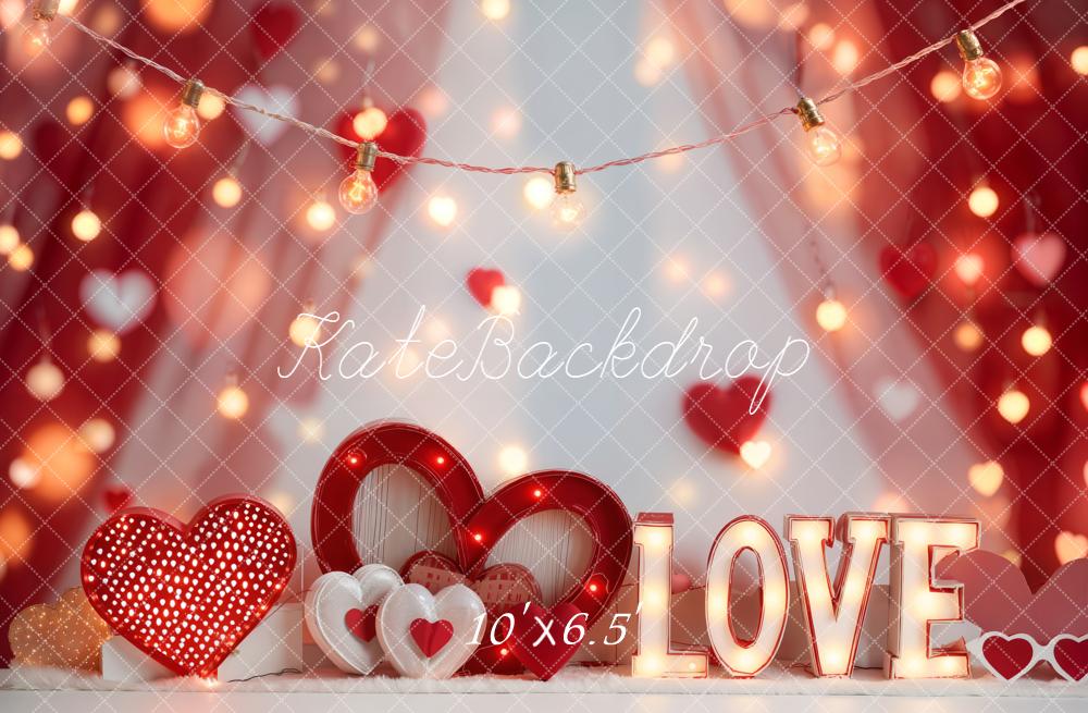 Kate Valentines Red Hearts LOVE Bokeh Lights Backdrop Designed by Emetselch