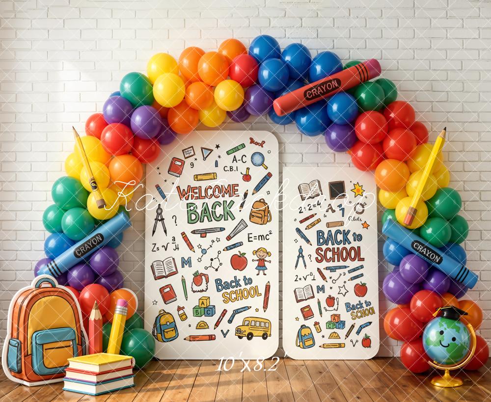 TEST Kate Back to School Rainbow Balloon Arch Crayon Books Backpack Printed Backdrop Designed by Chain Photography