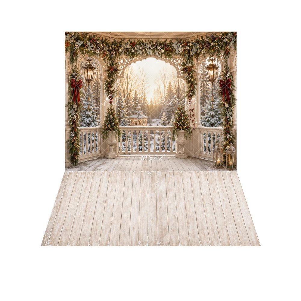 Kate Christmas Garland Gazebo Winter Forest Printed Backdrop+Light Beige Retro Wood Plank Wall Printed Backdrop