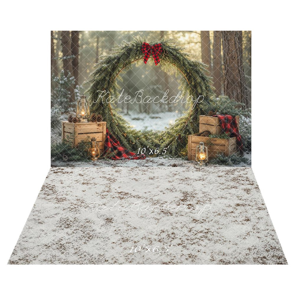 Kate Christmas Greenery Wreath Forest Crates Lanterns Printed Backdrop+White Powdered Abstract Texture Printed Backdrop