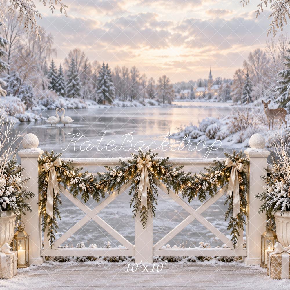 Kate Christmas Winter Snowy Lake Bridge Garland Swans Printed Backdrop Designed by Vertigo Productions