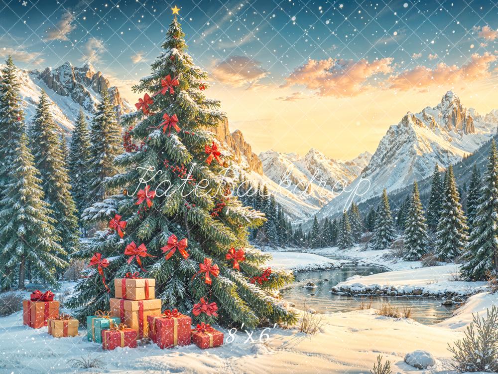 Kate Christmas Tree Mountain Snowy Gifts Backdrop Designed by Emetselch