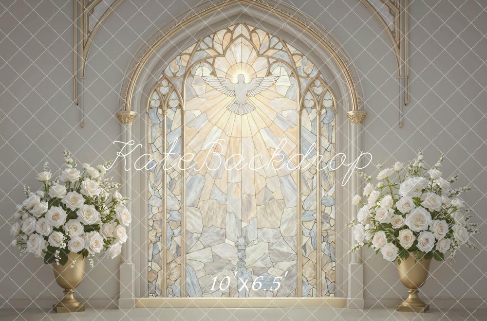 Kate Church Stained Glass Dove Window White Roses Printed Backdrop Designed by Mini MakeBelieve