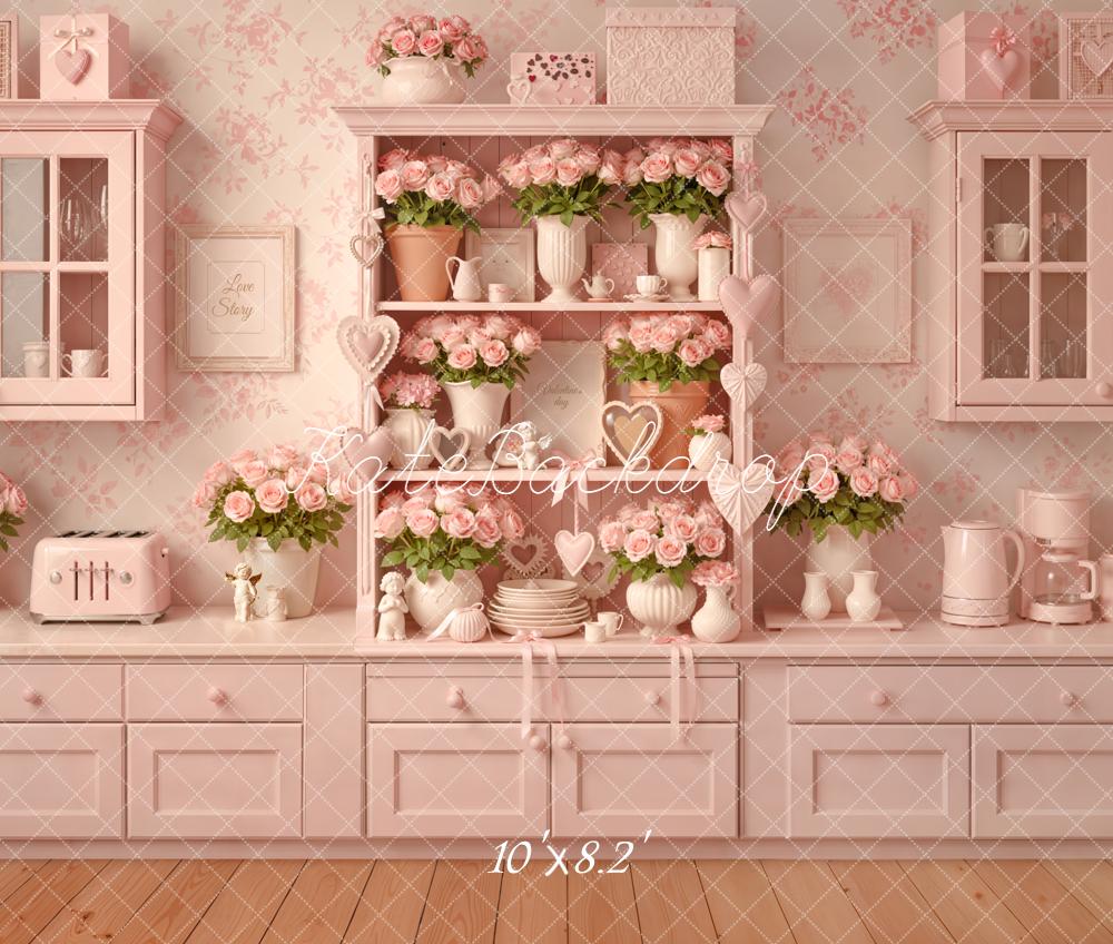 Kate Valentines Pink Kitchen Cabinet Roses Vases Heart Printed Backdrop Designed by Emetselch