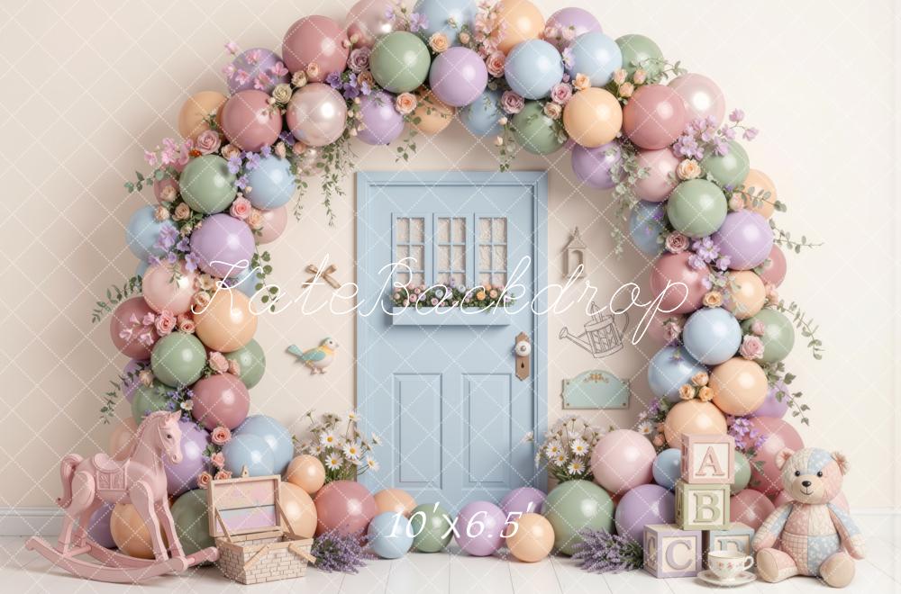 Kate Spring Birthday Pastel Balloon Flower Arch Blue Door Rocking Horse Teddy Bear Printed Backdrop Designed by Mini MakeBelieve