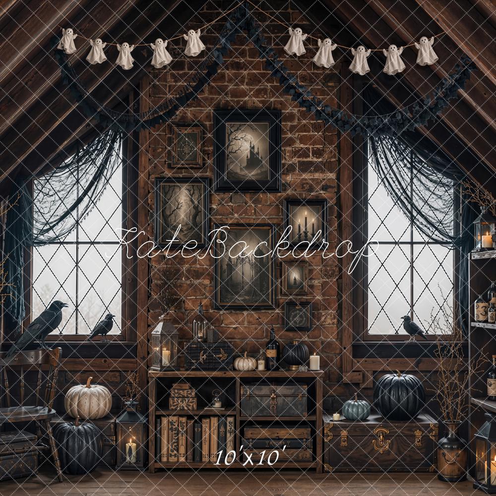 Kate Halloween Attic Ravens Black Pumpkins Brick Wall Printed Backdrop Designed by Emetselch