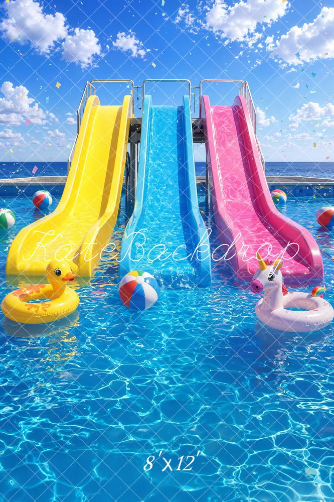 Kate Summer Swimming Pool Water Slides Floats Printed Backdrop Designed by Emetselch