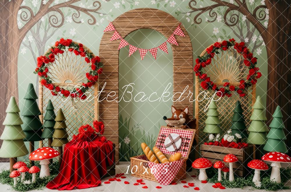 Kate Fairy Forest Arch Trees Mushrooms Picnic Basket Red Roses Backdrop Designed by Patty Roberts