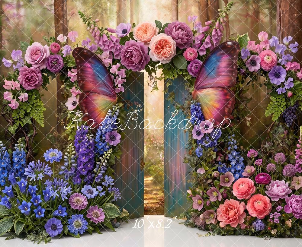 Kate Fantasy Enchanted Butterfly Gate Flower Forest Printed Backdrop Designed by Angela Miller