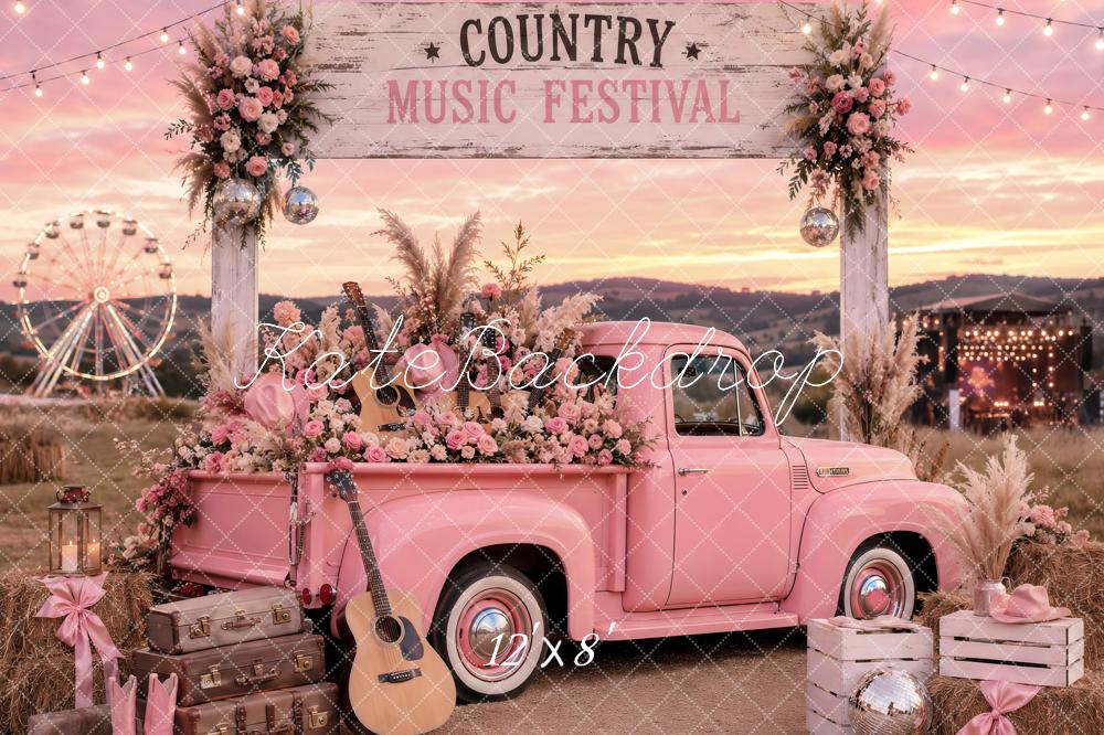 Kate Country Music Festival Pink Truck Floral Arch Printed Backdrop Designed by Ashley Paul