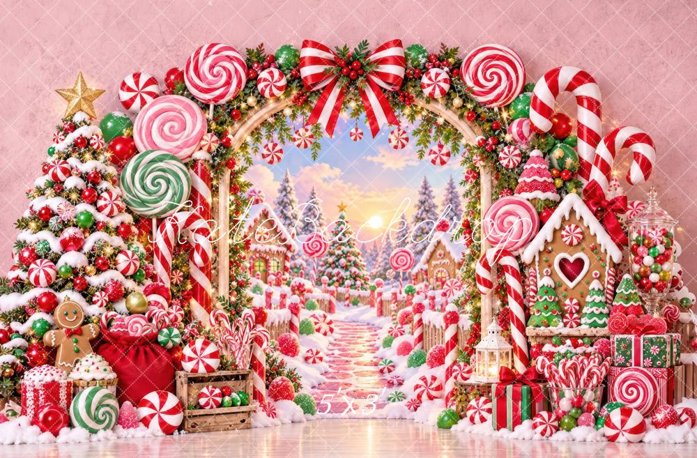 Kate Christmas Candyland Gingerbread Arch Snow Kids Printed Backdrop Designed by Laura Bybee