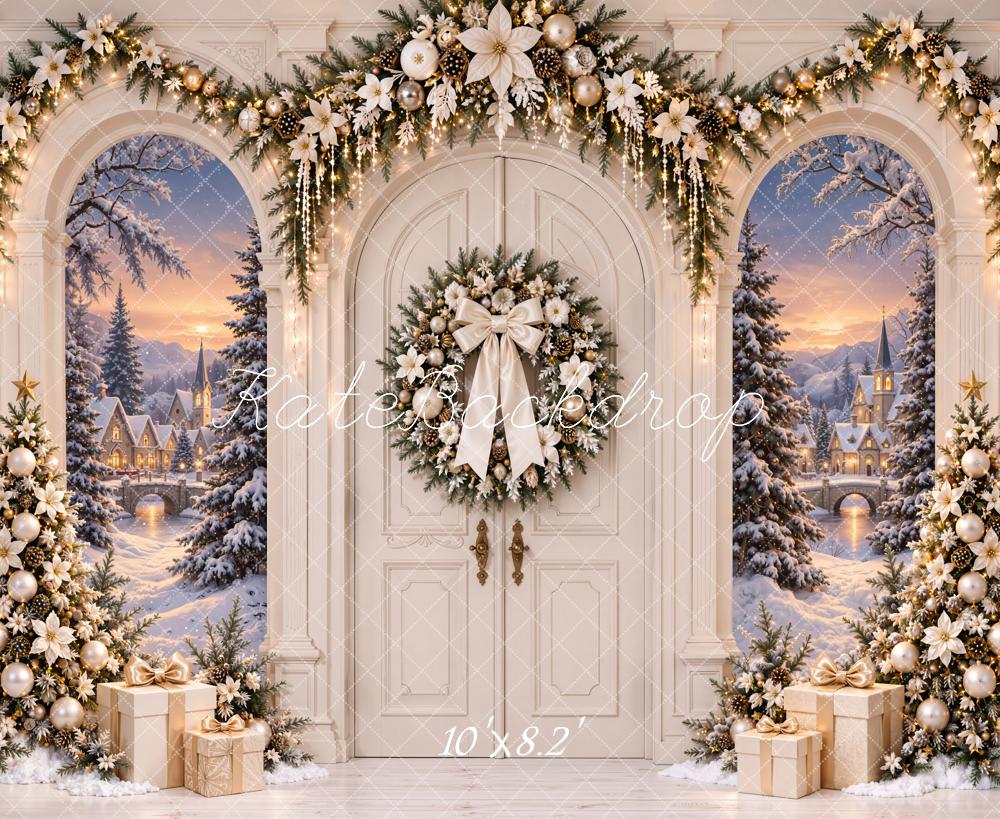 Kate Christmas Arch Door Snowy Village Wreath Trees Printed Backdrop Designed by Emetselch