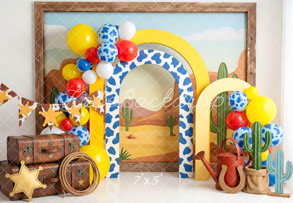 Kate Cake Smash Western Cow Arch Cactus Balloons Printed Backdrop Designed by Mini MakeBelieve