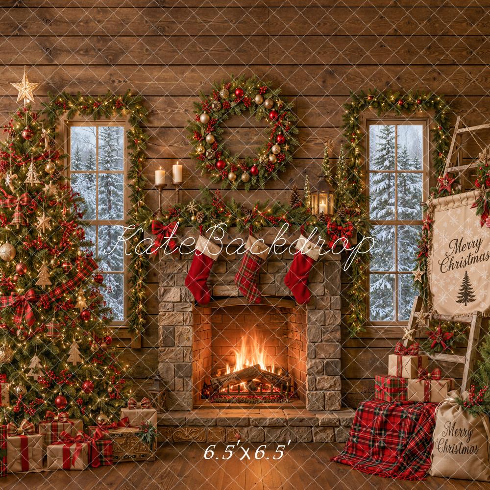 Kate Christmas Rustic Cabin Fireplace Tree Ladder Printed Backdrop Designed by Emetselch