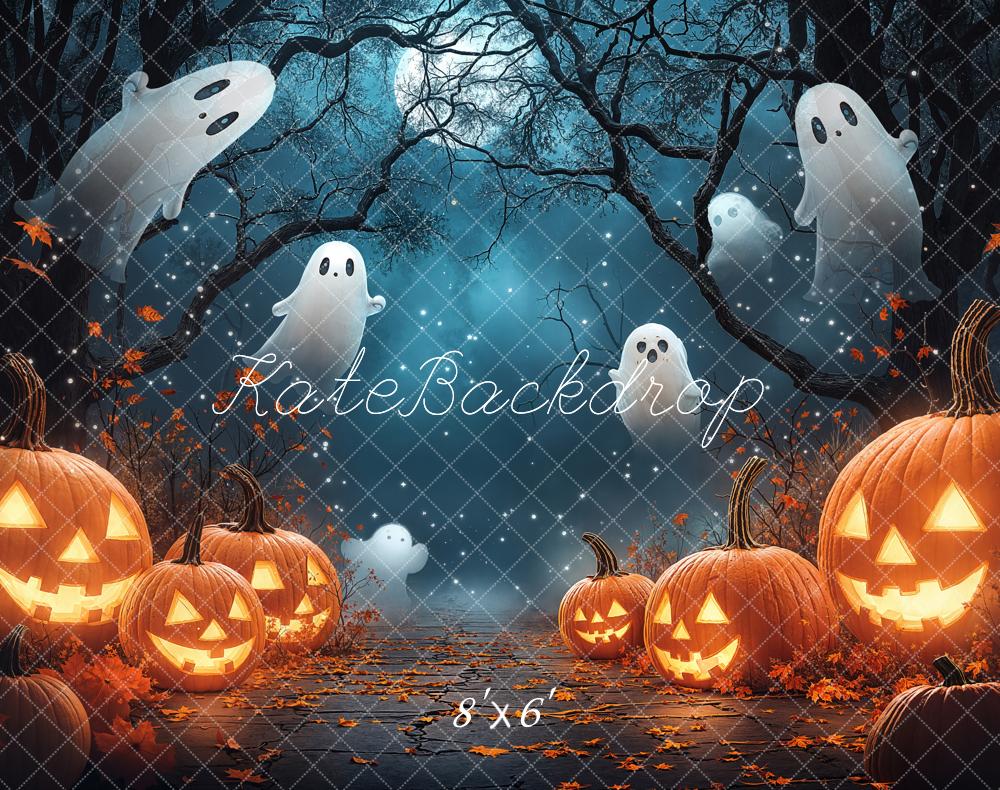 Kate Halloween Pumpkins Ghosts Moonlit Forest Backdrop Designed by Chain Photography