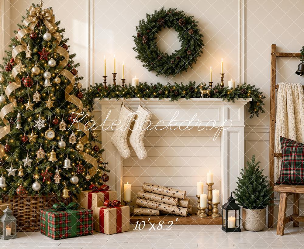 Kate Christmas Tree Fireplace Mantel Wreath Plaid Ladder Printed Backdrop Designed by Shutter Swan Studios