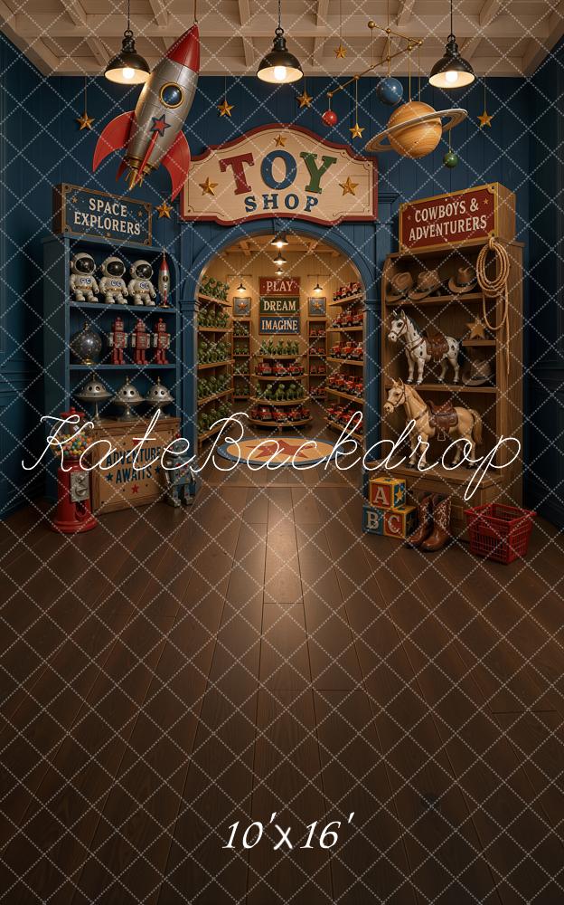 Kate Sweep Space Toy Shop Rocket Cowboy Printed Backdrop Designed by Ashley Ward