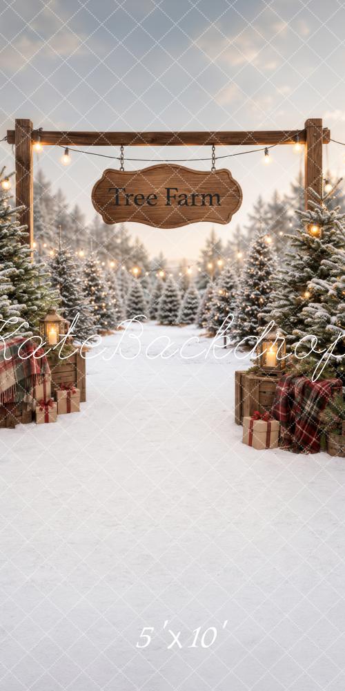 Kate Sweep Christmas Tree Farm Snowy Wood Arch Gifts Printed Backdrop Designed by Happy Squirrel Design