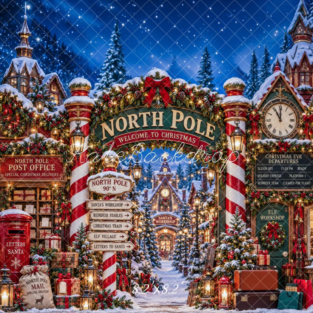 Kate Christmas North Pole Entrance Archway Snowy Workshop Printed Backdrop Designed by Patty Roberts