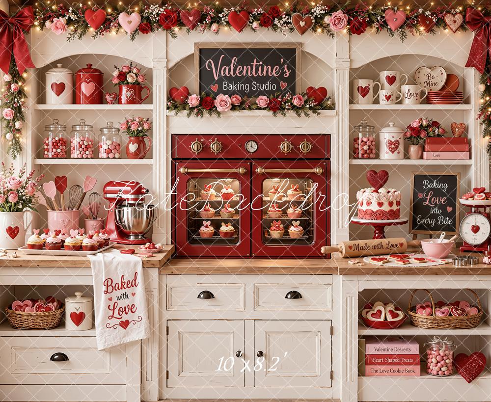 Kate Valentine's Day Kitchen Cabinet Baking Red Oven Roses Printed Backdrop Designed by Emetselch